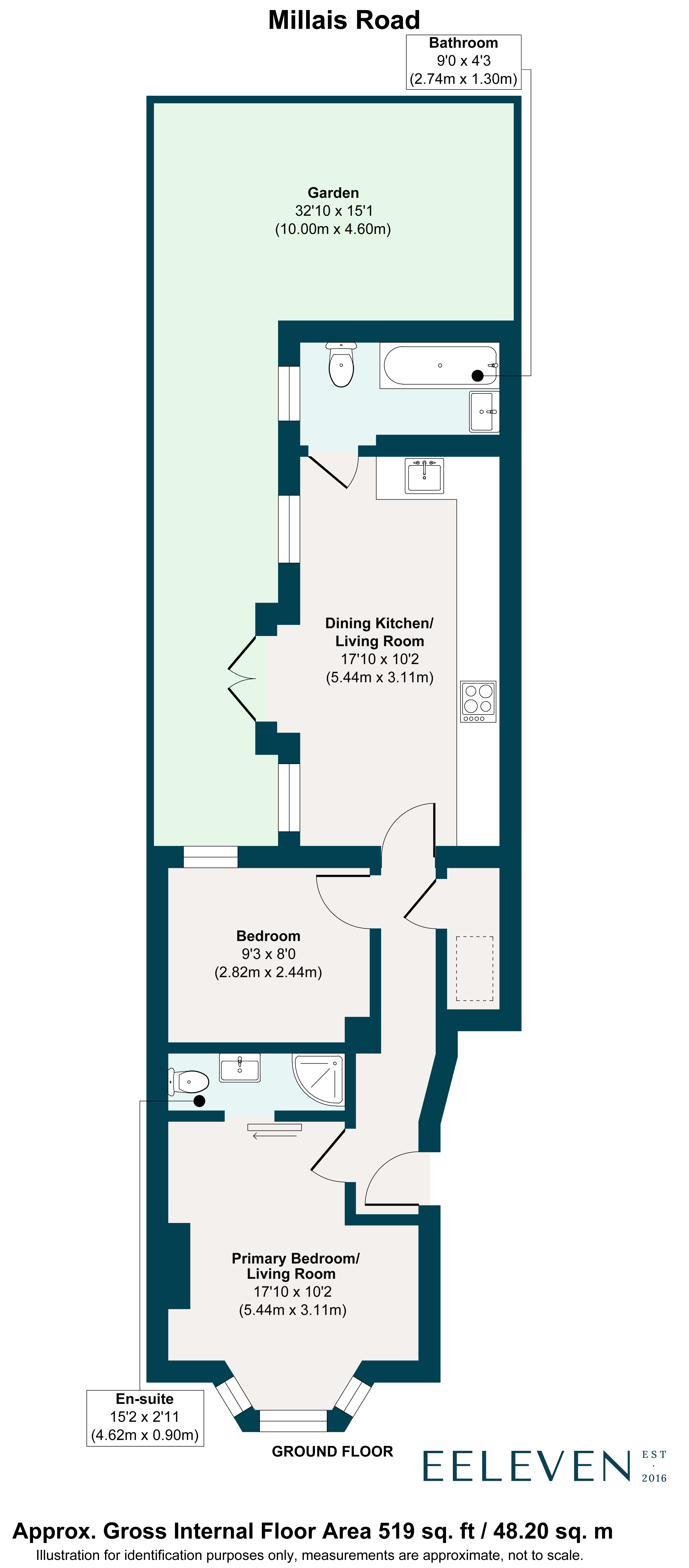 Floor plan, 2 bedroom flat for sale, Ground floor flat 78 Millais Road, London, E11