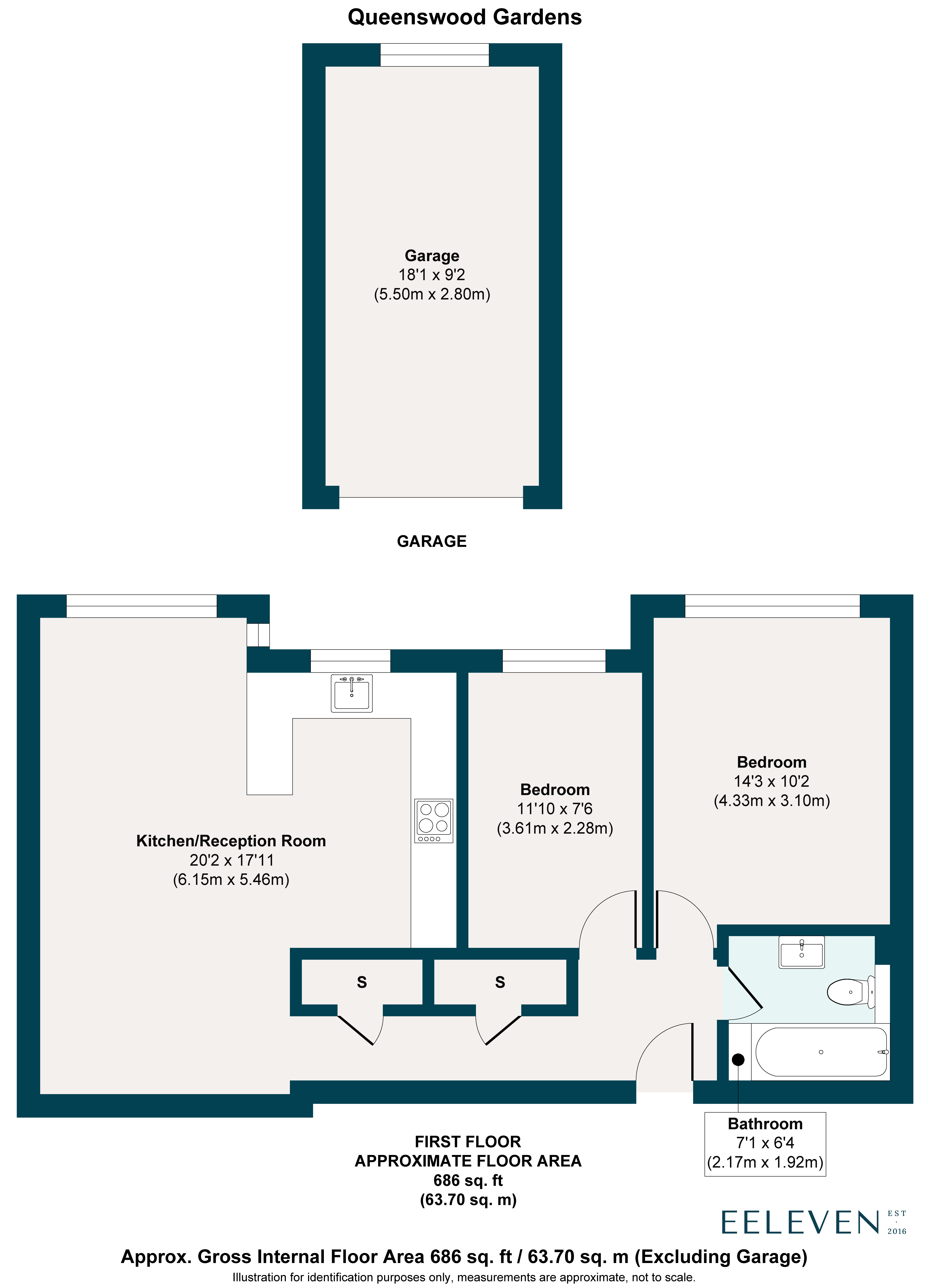 Floor plan, 2 bedroom flat for sale, Queenswood Gardens, London, E11