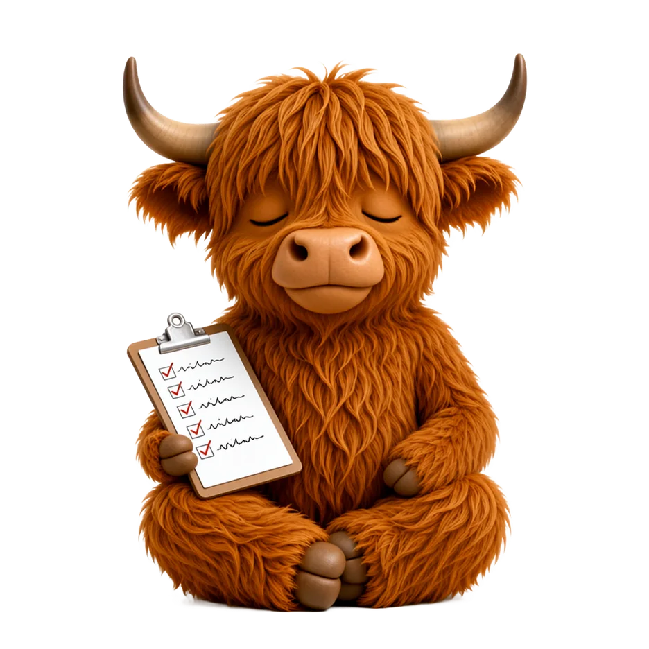 Dom, the openmoove Highland cow, holding a checklist clipboard