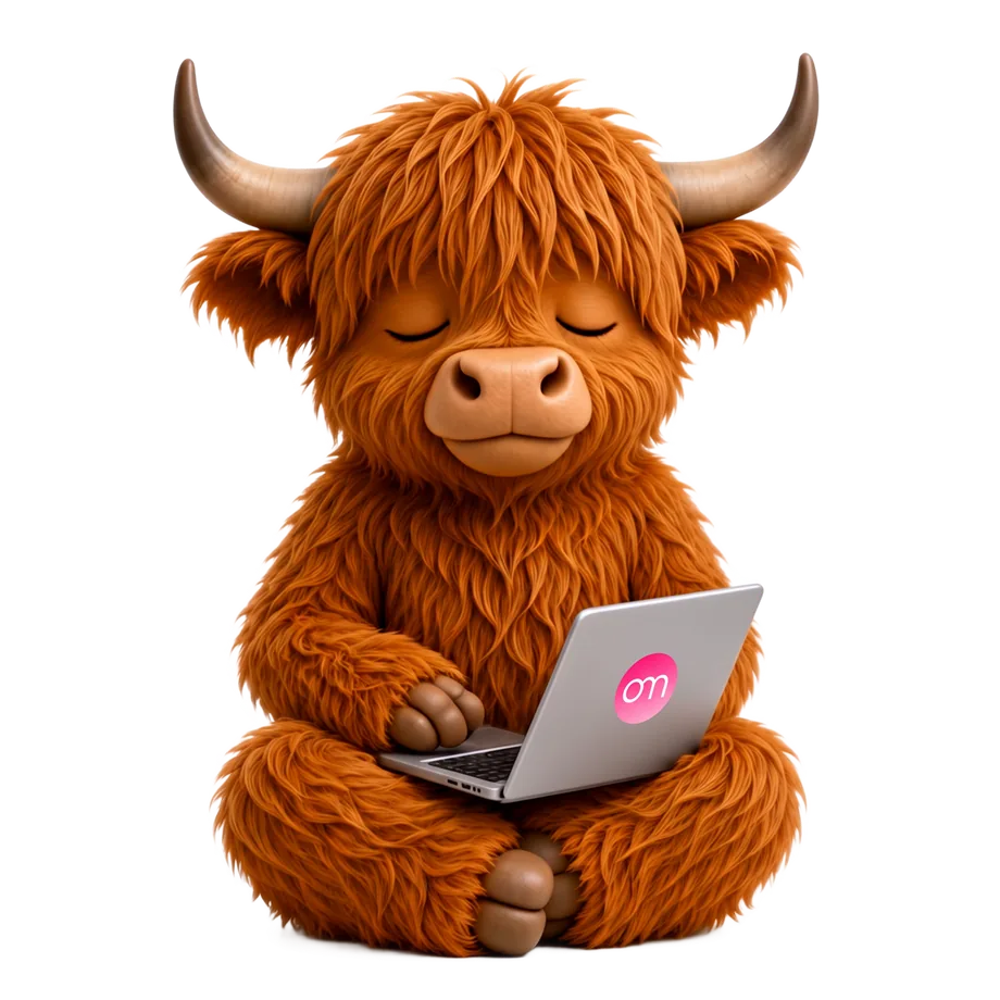 Dom, the openmoove Highland cow, with a laptop
