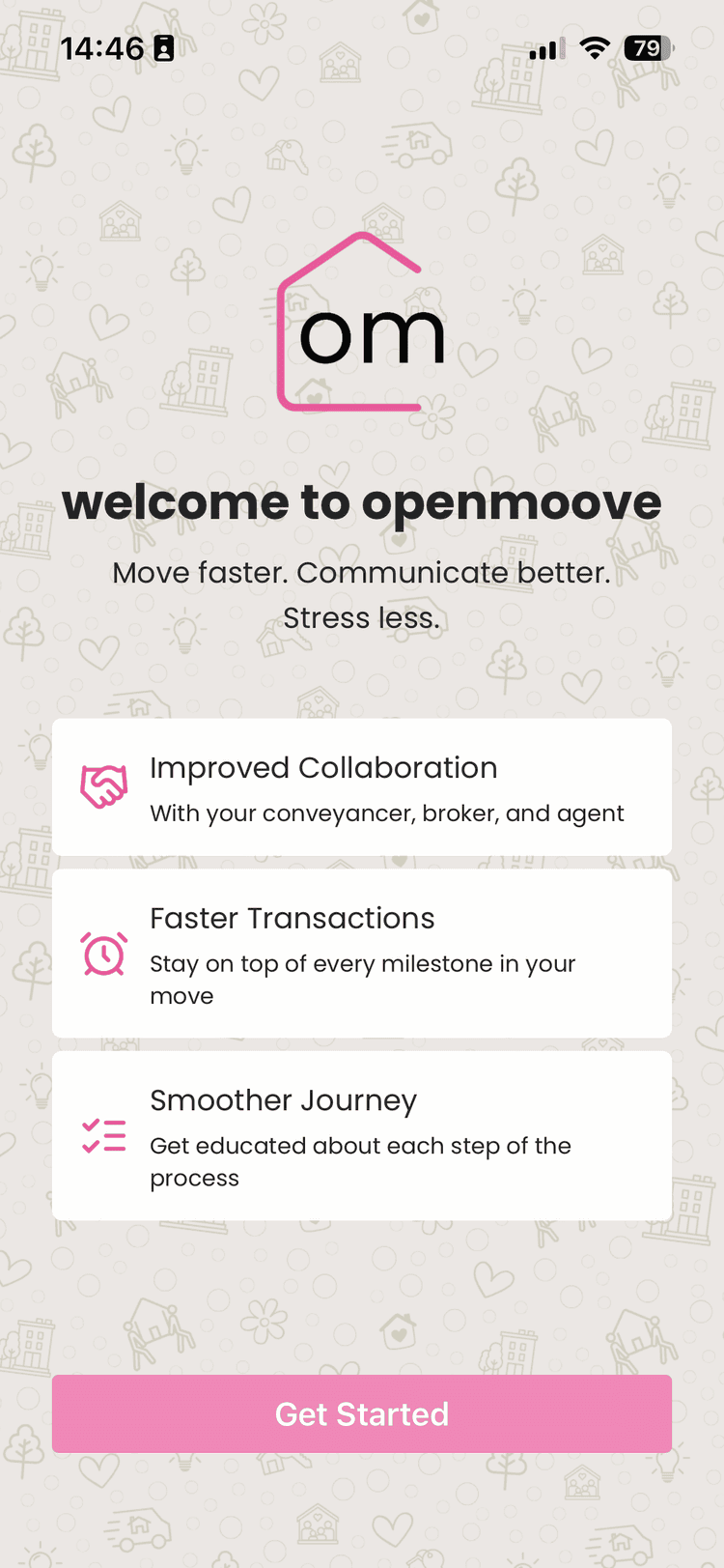 The openmoove welcome screen