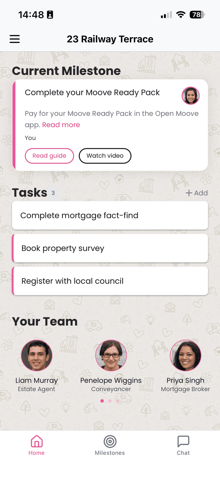 Home dashboard with current milestone and tasks