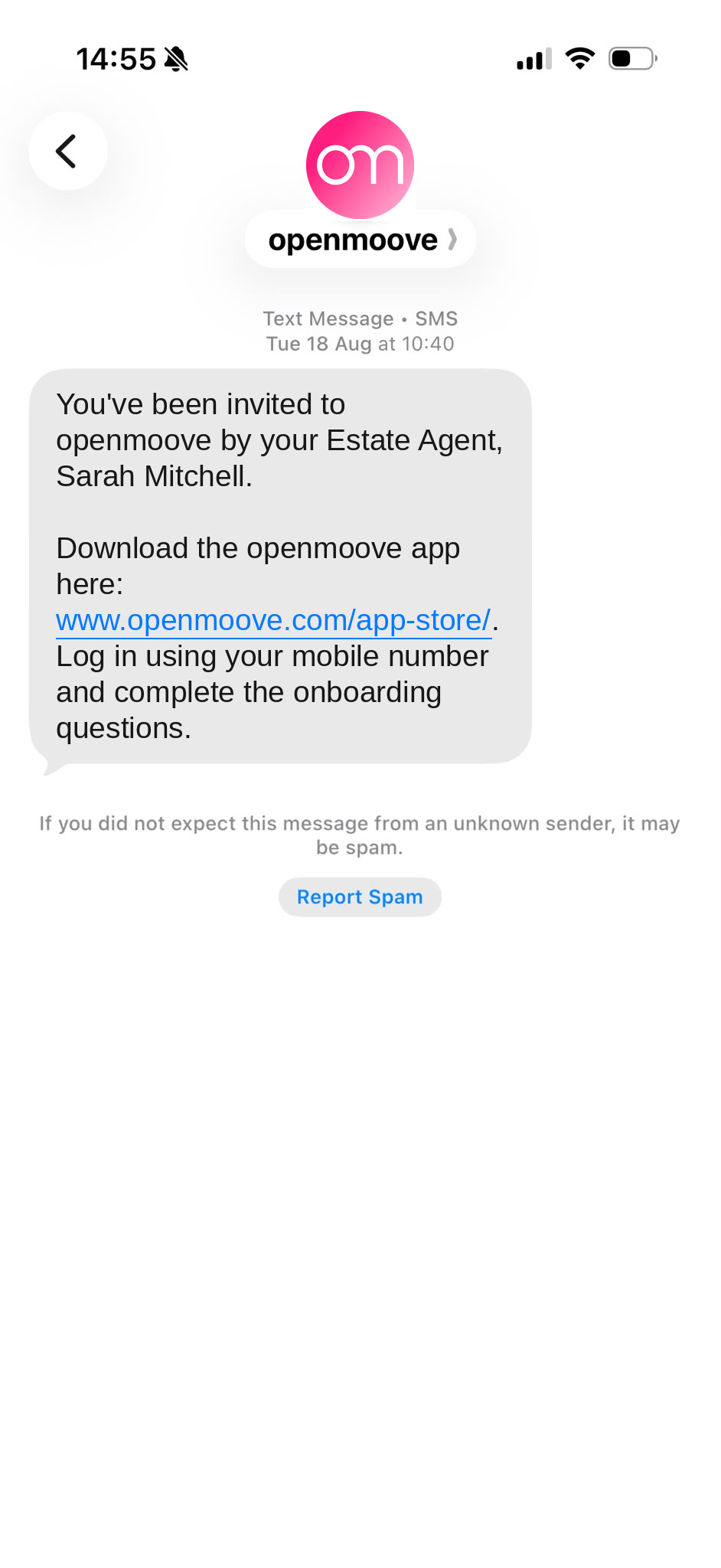 SMS invite from an estate agent to download the openmoove app