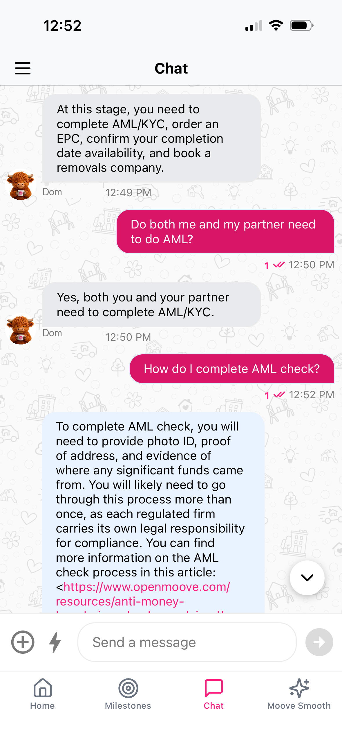 In-app chat answering a question about the AML check
